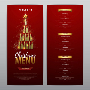 圣诞菜单设计与金色香槟瓶。 餐厅菜单。 香槟酒瓶金字塔