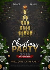 圣诞派对海报与金色香槟玻璃。 金色圣诞树
