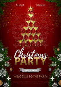 圣诞派对海报与金色香槟玻璃。 红色背景的金色圣诞树