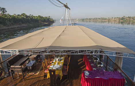从豪华游轮上俯瞰埃及尼罗河大河到河岸，穿过乡村乡村景观