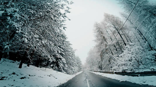 冬季驾驶POV在暴风雪中，山区乡村道路能见度差