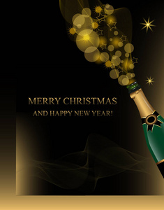 圣诞节和新年垂直背景香槟瓶和金色装饰闪光元素。 矢量图。