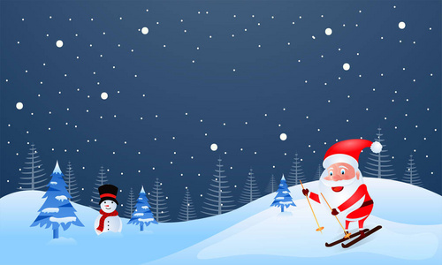 冬季景观背景插图可爱的圣诞老人骑在滑板上雪人为圣诞快乐节日庆祝概念。