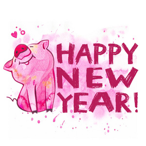 可爱的猪与创意2019新年刻字。中国日历中的年份符号。明信片水彩插图