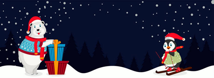 标题或横幅设计插图可爱的北极熊和企鹅冬季景观背景，为圣诞快乐庆祝概念。