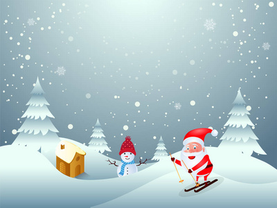 冬季景观背景与可爱的圣诞老人条款和雪人为快乐的圣诞节庆祝概念。