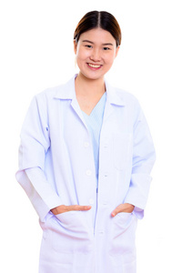 工作室拍摄的年轻快乐的亚洲女人医生笑着用手