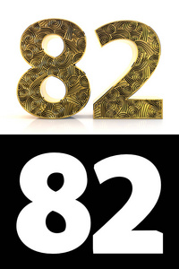 黄金号码八十二82年白色背景与图案风格，带状下降阴影和阿尔法通道。 三维插图。