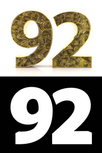 金色数字九十二(92年)白色背景与图案风格的zentangle,下降阴影和