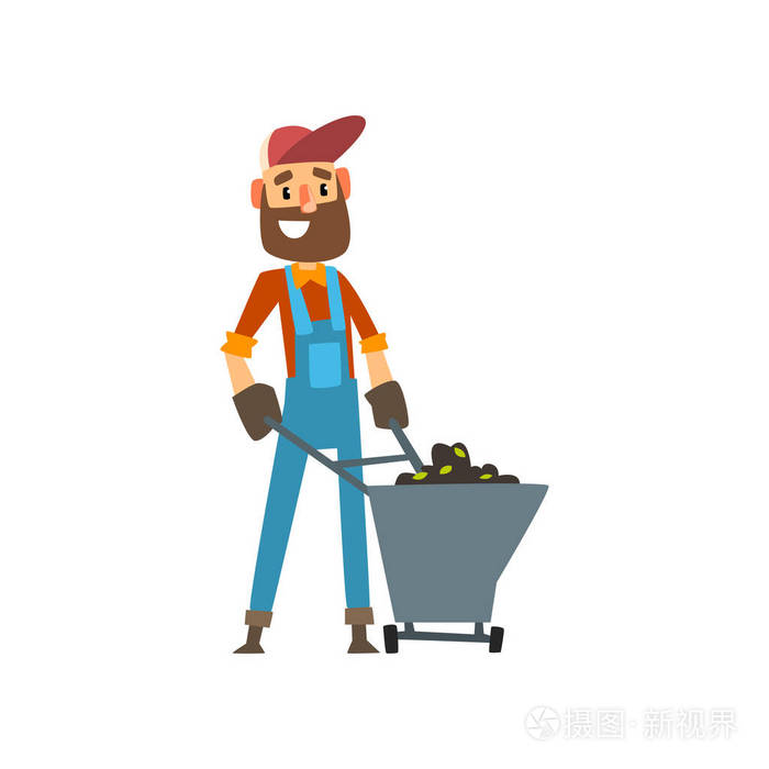愉快的男性农夫字符与地球手推车, 愉快的园丁在工作