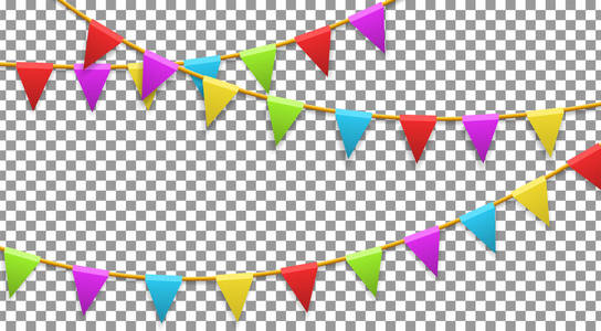 彩色花环旗帜隔离在透明的背景上。 嘉年华生日庆祝派对新年或节日概念。 矢量插图