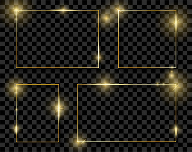 金色闪亮的发光框架设置与阴影隔离在透明的背景。 一包豪华的现实广场边界。 矢量插图