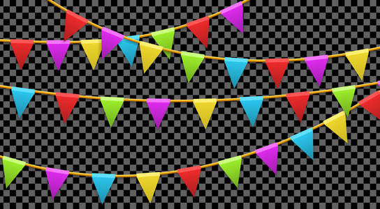 彩色花环旗帜隔离在透明的背景上。 嘉年华生日庆祝派对新年或节日概念。 矢量插图