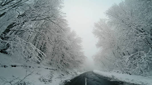 冬季驾驶POV在暴风雪中，山区乡村道路能见度差