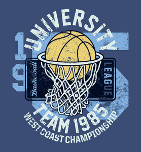篮球联盟大学锦标赛团队复古矢量打印T恤效果在不同的层。