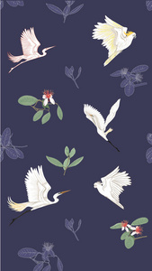 图案背景与飞亚花与鹭和鹦鹉。 矢量图。 在深蓝色的背景上。 彩色和轮廓设计。