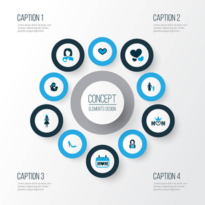 母亲节图标颜色的设计理念。集灵魂保护和心灵等 1 0个元素组成。美丽的象征, 母亲, 爱和灵魂