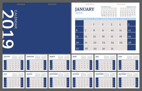 日历2019经典蓝色风格。 一套12页的桌子。 印刷模板的最小日历规划矢量设计