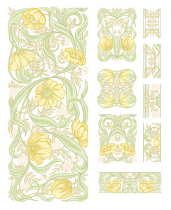 新艺术风格的花卉图案，老式复古风格。 设计装饰元素集。 彩色矢量插图。 孤立在白色背景上。 柔和的黄色和绿色