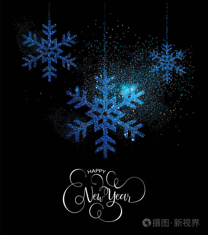 黑色背景上的金属闪光尘埃制成的驯鹿圣诞快乐豪华蓝色雪人贺卡设 ..