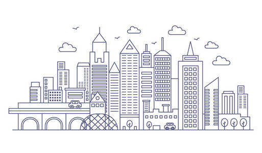 细线现代大城市背景.城市城市风景与摩天大楼向量例证照片