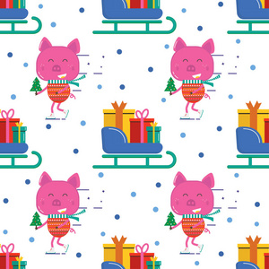 无缝图案的圣诞贺卡与可爱的猪雪橇和礼物。 插图为礼物邀请儿童室内设计剪贴簿。