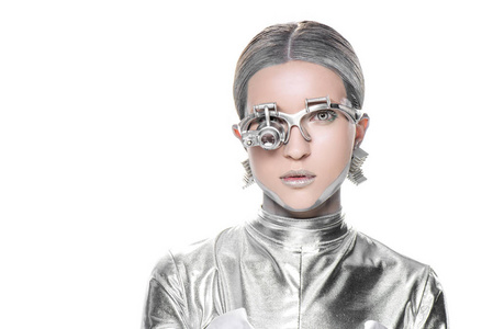银机器人肖像与眼假体看相机隔离白色未来技术概念