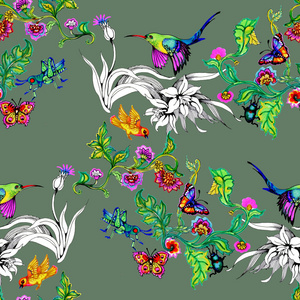 色彩鲜艳的鸟和蝴蝶在花中图片