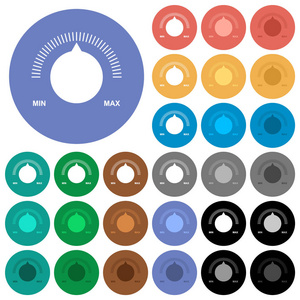 音量控制与标题多彩色平面图标在圆形背景。 包括白光和黑暗图标变化的悬停和主动状态效果和奖金阴影。