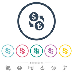 美元利拉货币交换平面颜色图标的圆形轮廓。包括6个奖金图标。