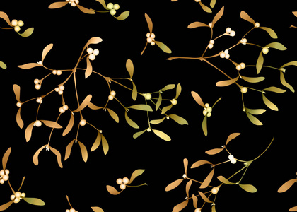 无缝图案，背景用槲寄生的枝条..孤立在黑色背景上。金色的矢量插图。