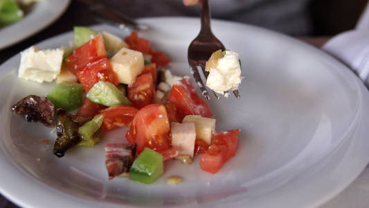 吃健康新鲜蔬菜沙拉配番茄，胡椒，洋葱..与电影dof的特写