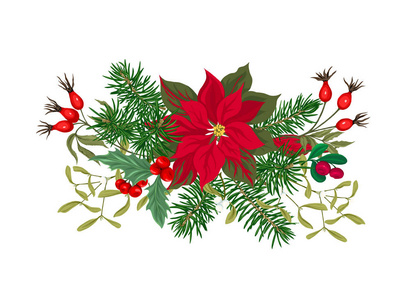 圣诞节装饰，一个由冷杉枝松树冬青槲寄生狗玫瑰制成的花环。孤立在白色背景上。彩色矢量插图