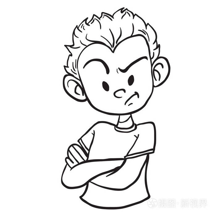 愤怒的男孩交叉手臂卡通插图隔离白色