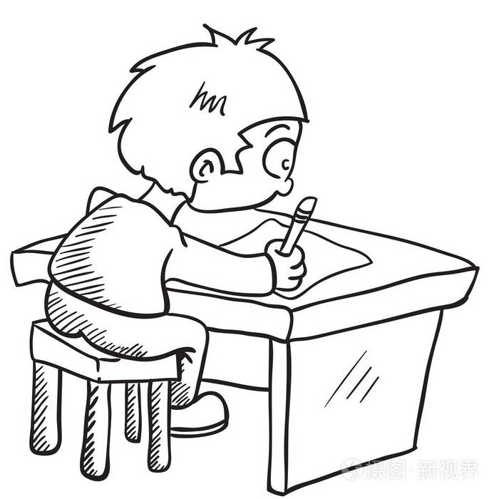 黑白男孩做家庭作业卡通插图插画-正版商用图片14lhob-摄图新视界