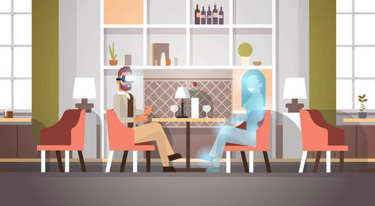 商人戴数字眼镜与虚拟现实女性 vr 视觉耳机创新概念餐厅内部平水平
