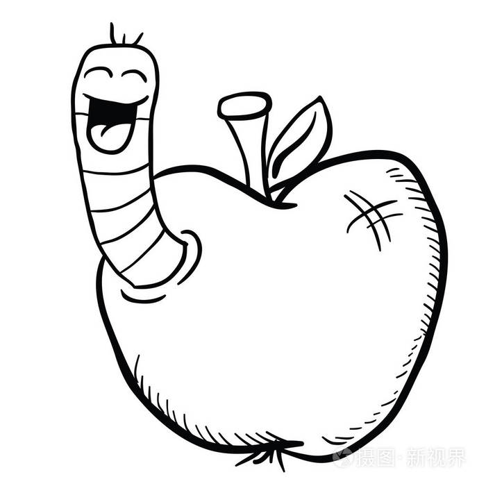 黑白卡通插图苹果虫
