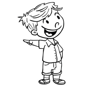 微笑男孩用手指卡通插图隔离白色照片