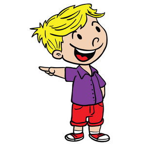 微笑男孩用手指卡通插图隔离白色瘦小的白人男孩用手指夹着一颗掉下来