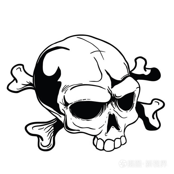 头骨与交叉骨头卡通插图分离白色