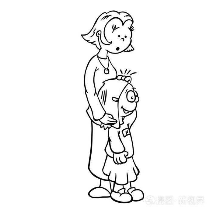 简单的黑白妈妈抱着小女孩卡通插画-正版商用图片14ljnh-摄图新视界