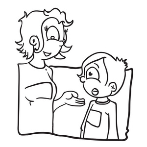 黑白卡通插图一个男孩和他妈妈谈话,被隔离在白色上照片