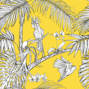 无缝图案背景。 有热带植物和花，有白色的兰花和热带鸟类。 图形绘图雕刻风格。 矢量图。 黄色背景上的黑白。