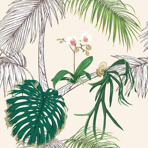 热带植物和白兰花。 无缝图案背景。 矢量图。 在柔软的黄色背景上。 彩色和轮廓设计。