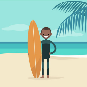年轻快乐的冲浪者穿着潜水衣拿着冲浪板。 夏天。 热带海滩。 平面可编辑矢量插图剪辑艺术