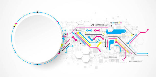 抽象圈技术概念。 电路板高电脑颜色背景。 矢量插图