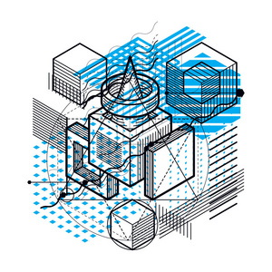 抽象三维形状组合矢量等距背景。 立方体六边形矩形和不同抽象元素的组成。