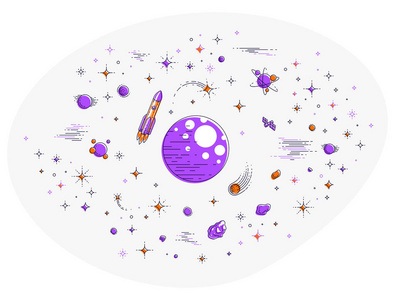 在未被发现的星系中有恒星火箭和其他元素的奇妙行星。 探索宇宙惊人的空间科学。 细线三维矢量插图隔离在白色上。