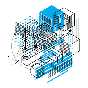 等距抽象背景与线条等不同元素矢量抽象模板。 立方体六边形矩形和不同抽象元素的组成。