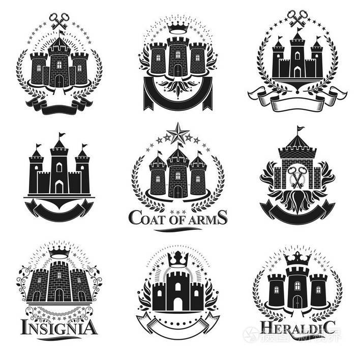 古代城堡标志套装纹章矢量设计元素集合复古风格标签纹章标志